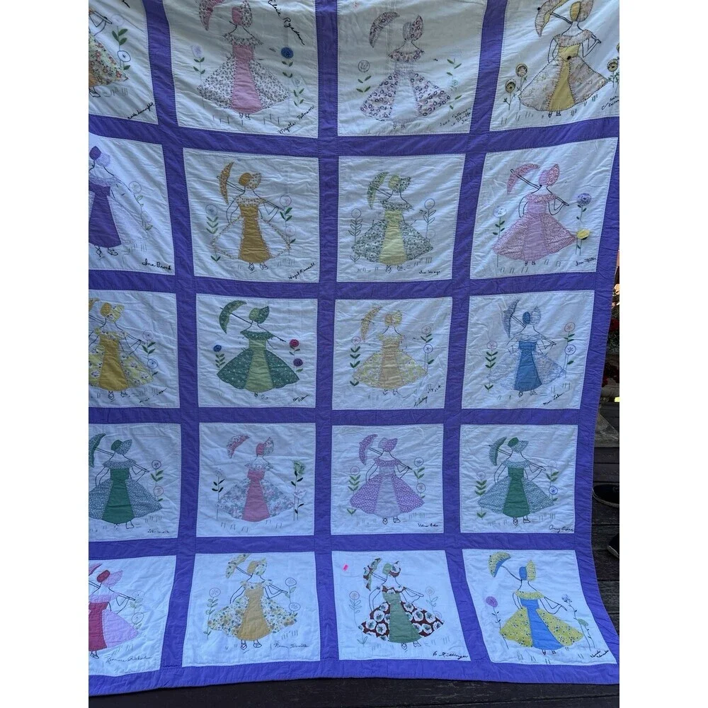 Vintage Handmade embroidered friendship quilt with Sun Bonnet Girls. 77” X 95”